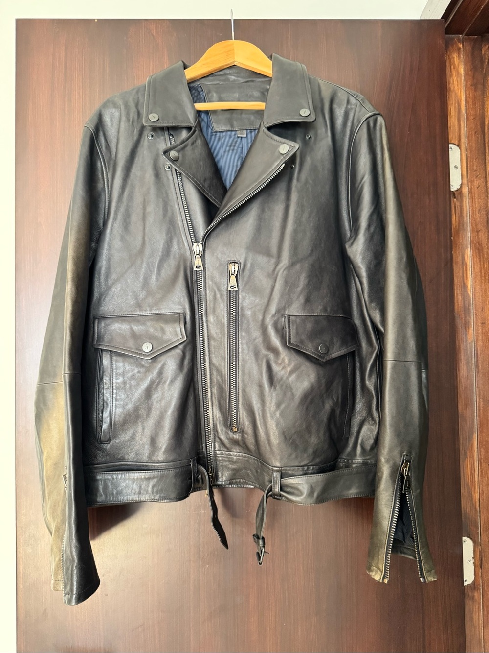 John Varvatos Black Leather Moto Bomber Jacket